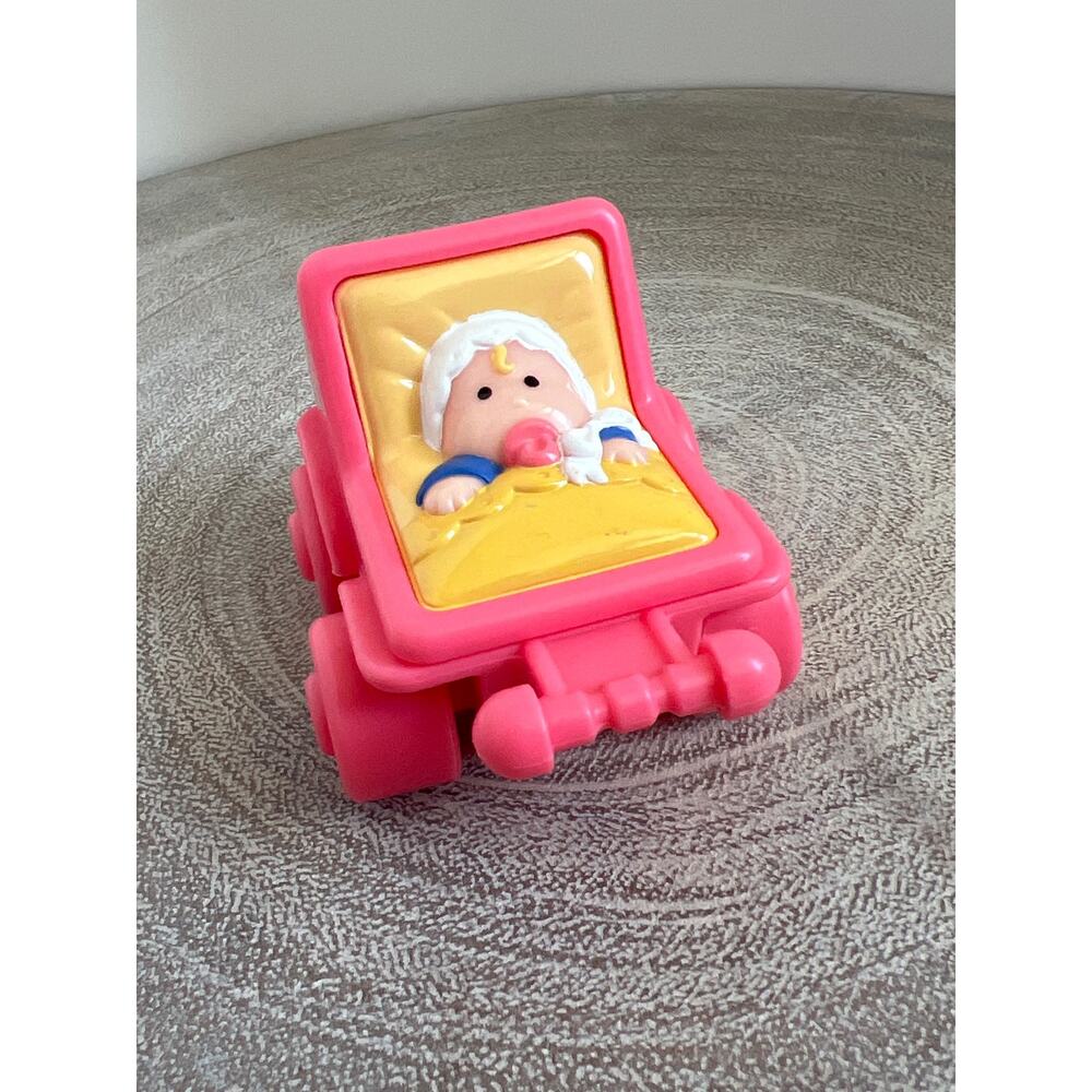 Vtg Fisher Price Dollhouse Pink Stroller with Baby Pacifier Bonnet Toy